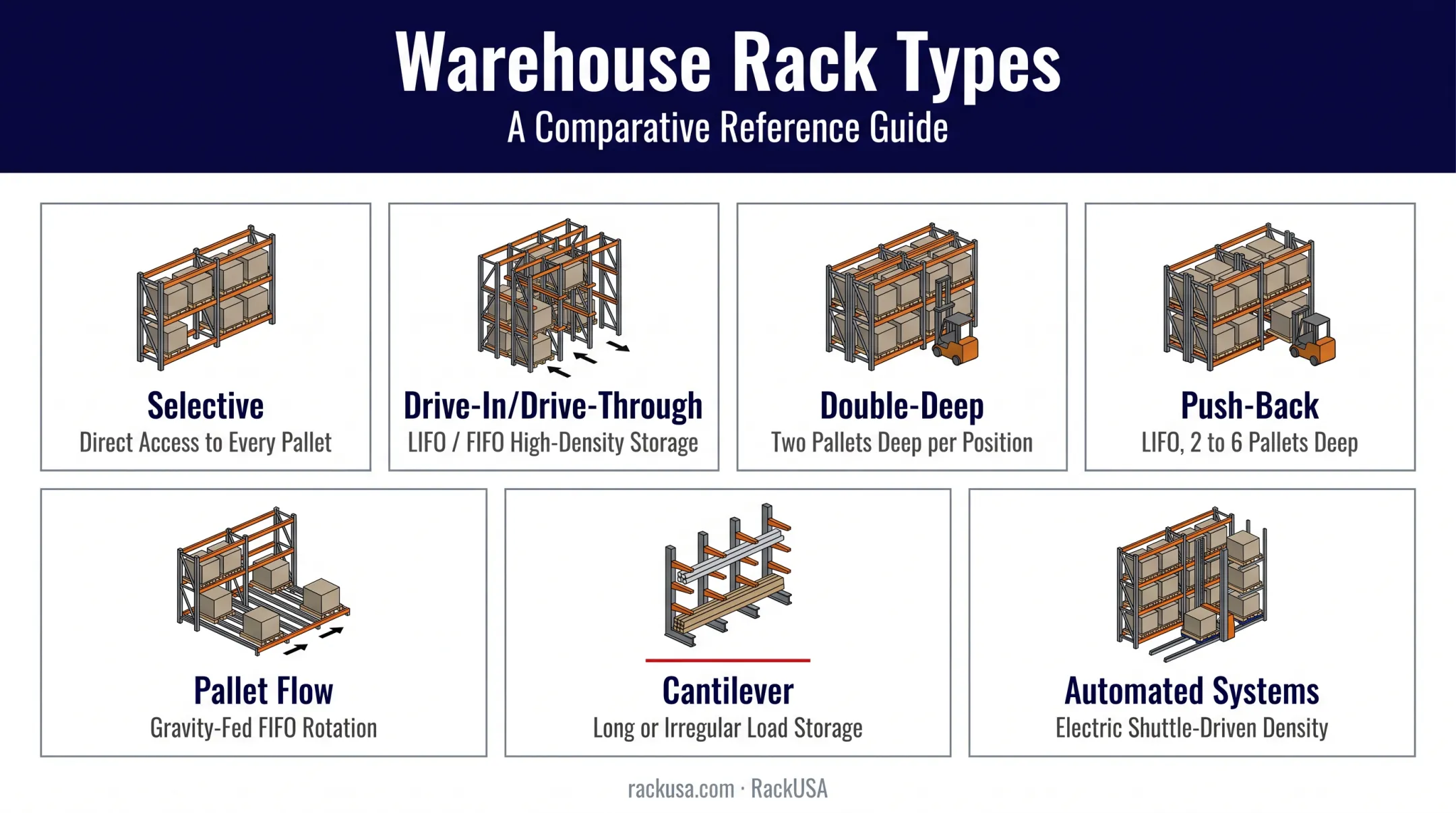 Seven common warehouse rack types diagram with access and storage features