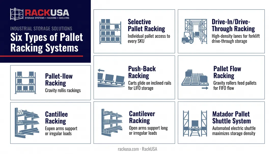 Six pallet racking subtypes compared: selective, drive-in, push-back, cantilever