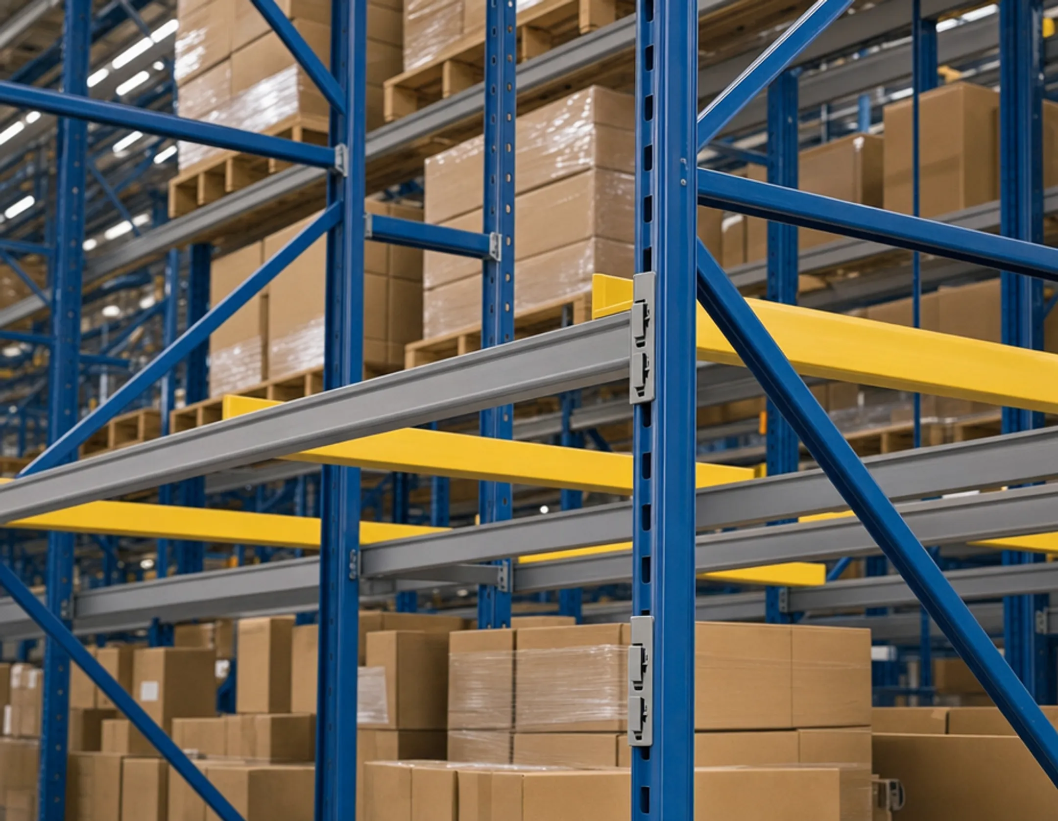 Roll-formed boltless pallet racking system in fulfillment warehouse