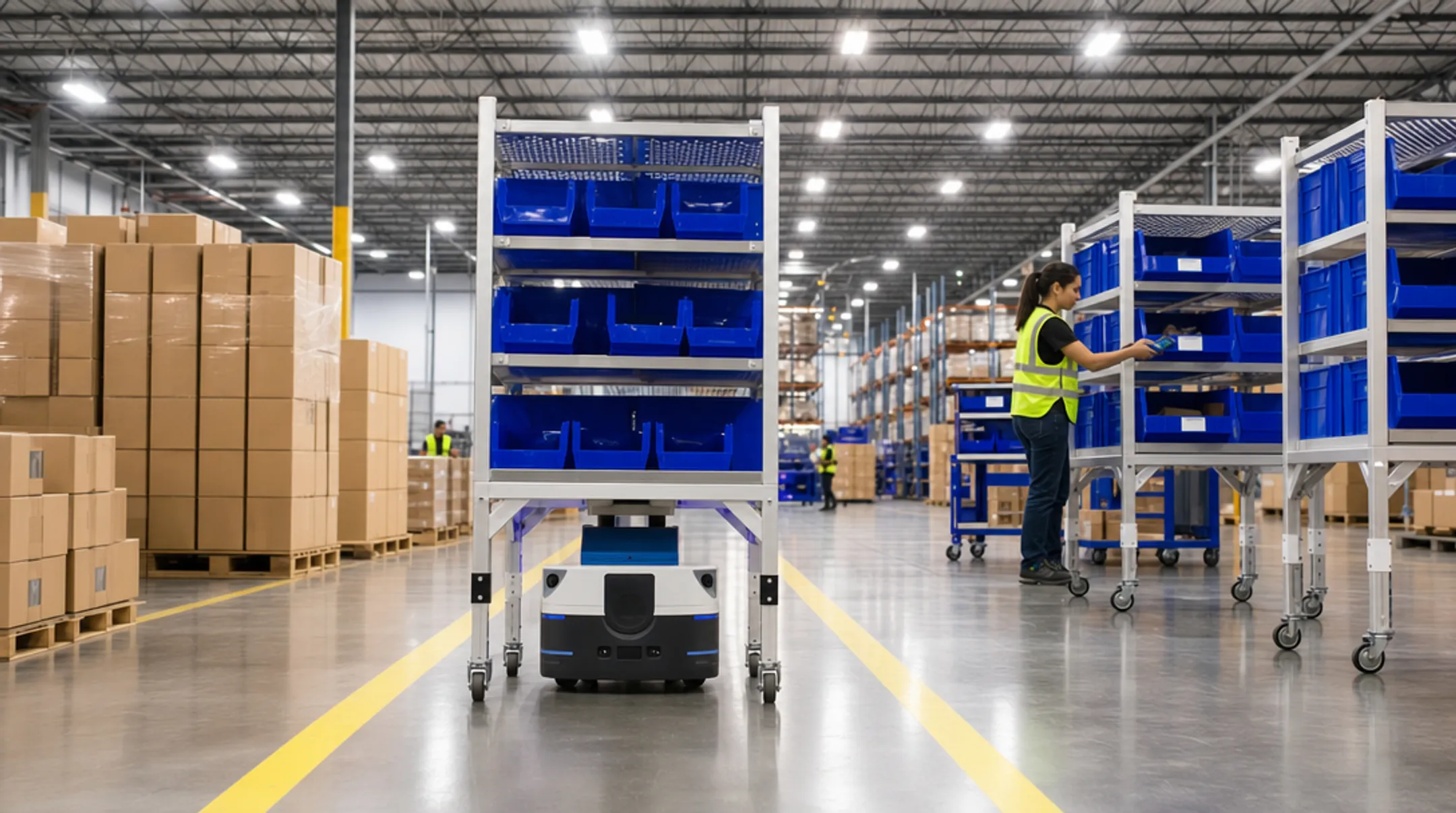 Autonomous mobile robots assisting warehouse workers with order picking