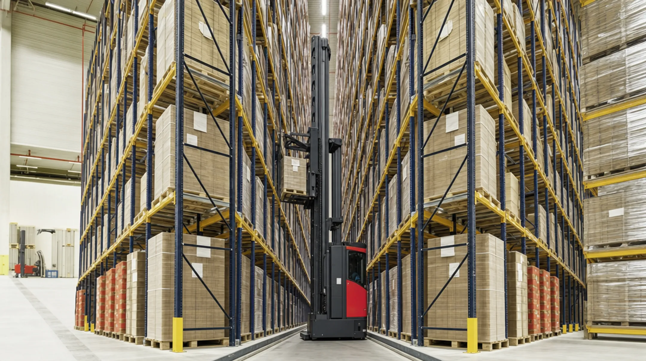 Large distribution center warehouse with very narrow aisle racking and turret trucks
