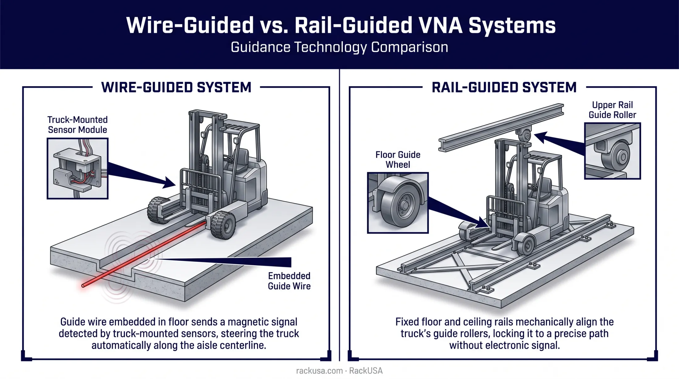 Wire-guided versus rail-guided VNA truck system illustration