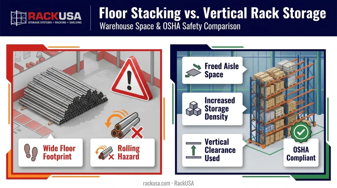 Vertical rack storage versus floor stacking space efficiency comparison
