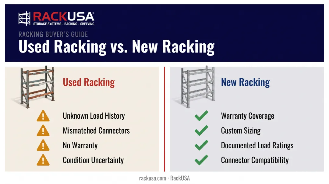 New versus used warehouse racking comparison chart showing key differences