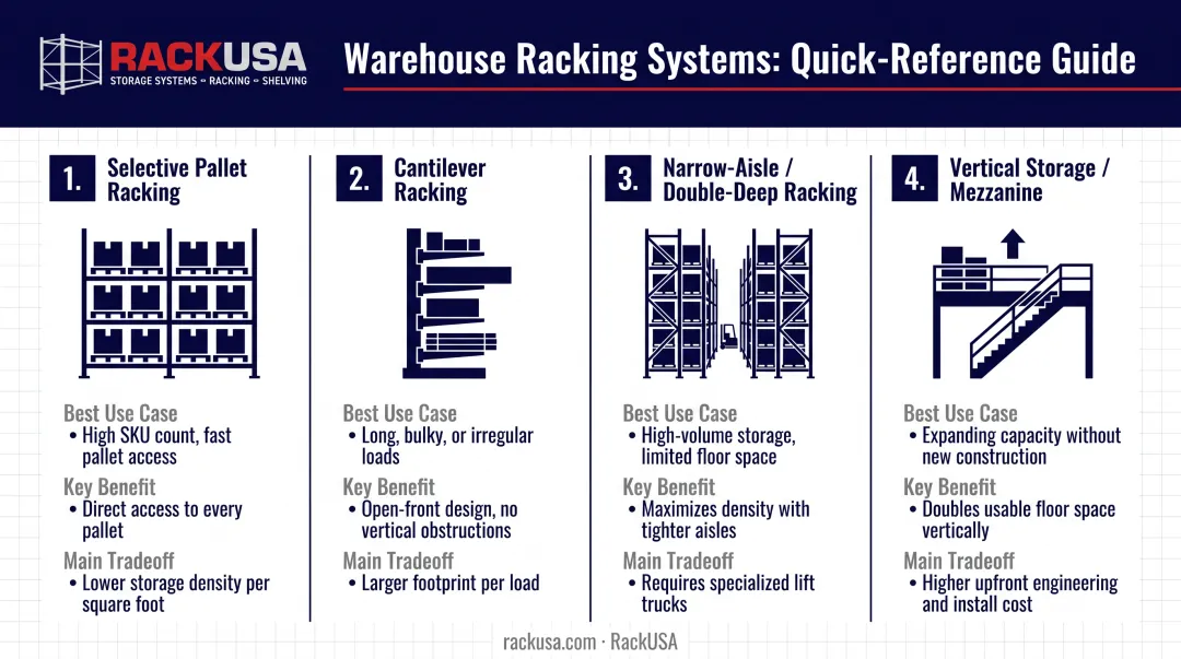 Comparison of four warehouse racking types for small spaces