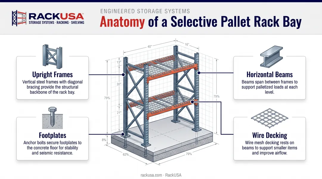 Selective pallet rack anatomy diagram showing frames beams and decking