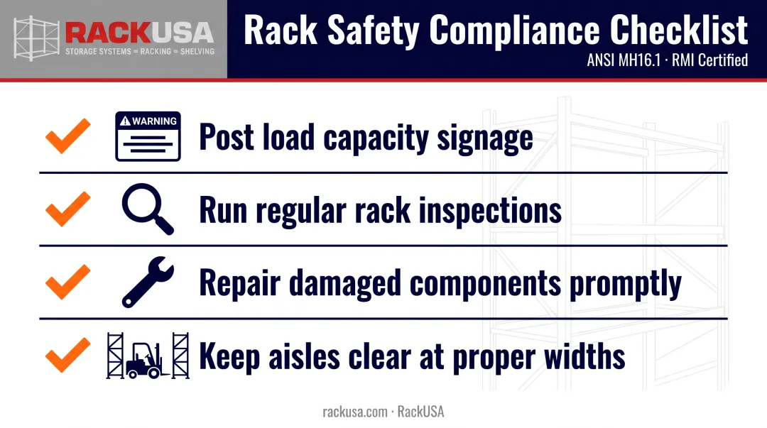 Warehouse rack safety compliance checklist for OSHA inspection standards
