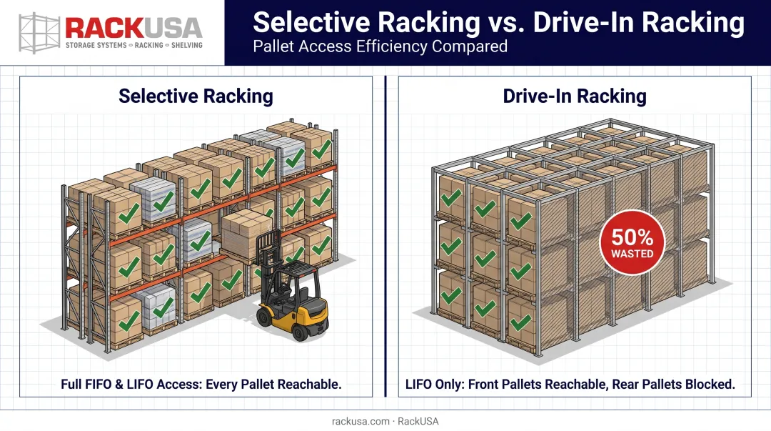 Selective racking full access versus drive-in rack honeycombing comparison