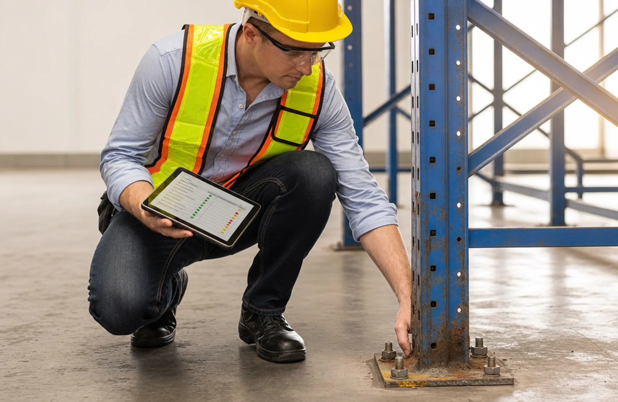 Warehouse safety inspector checking pallet racking anchor and structural integrity