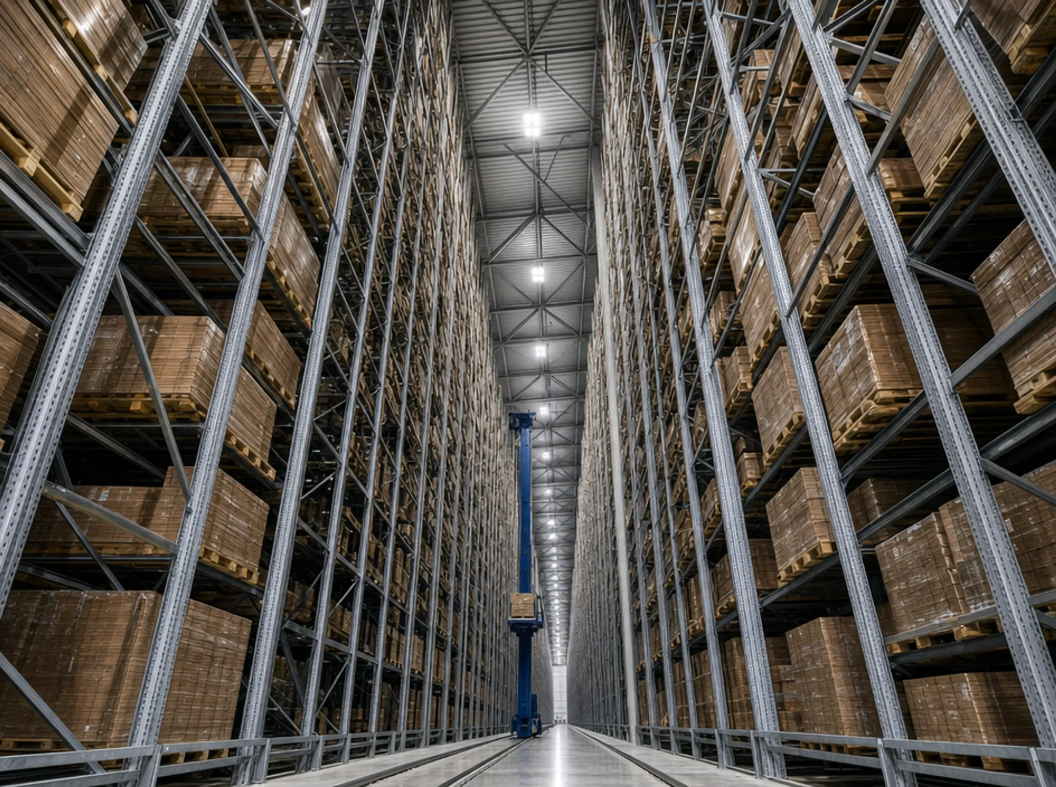 Tall rack-supported warehouse building structure with high-bay storage racking