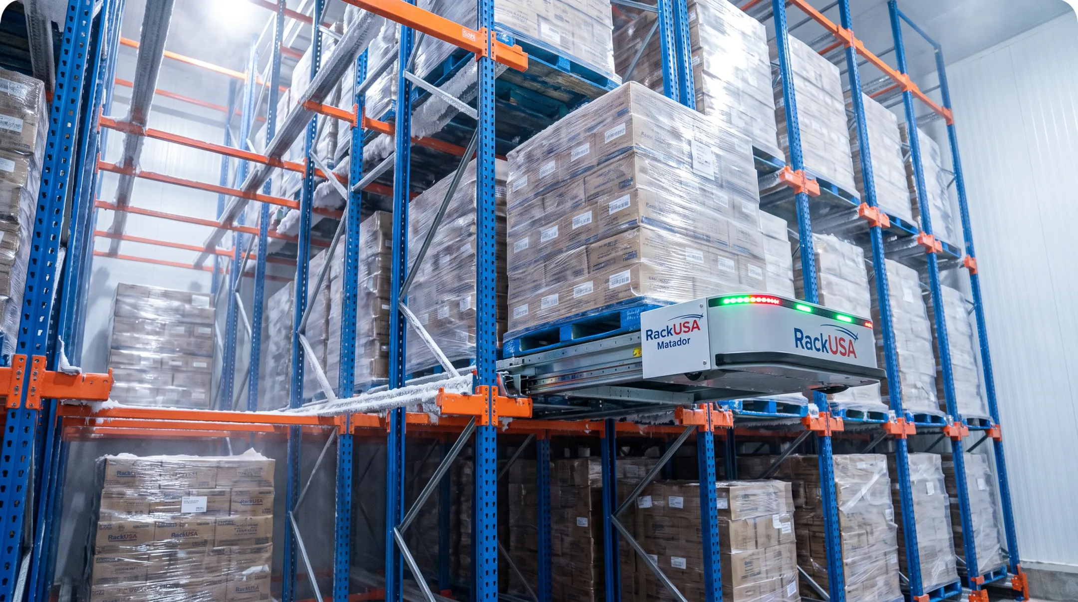 Matador pallet shuttle system operating in cold storage warehouse aisle