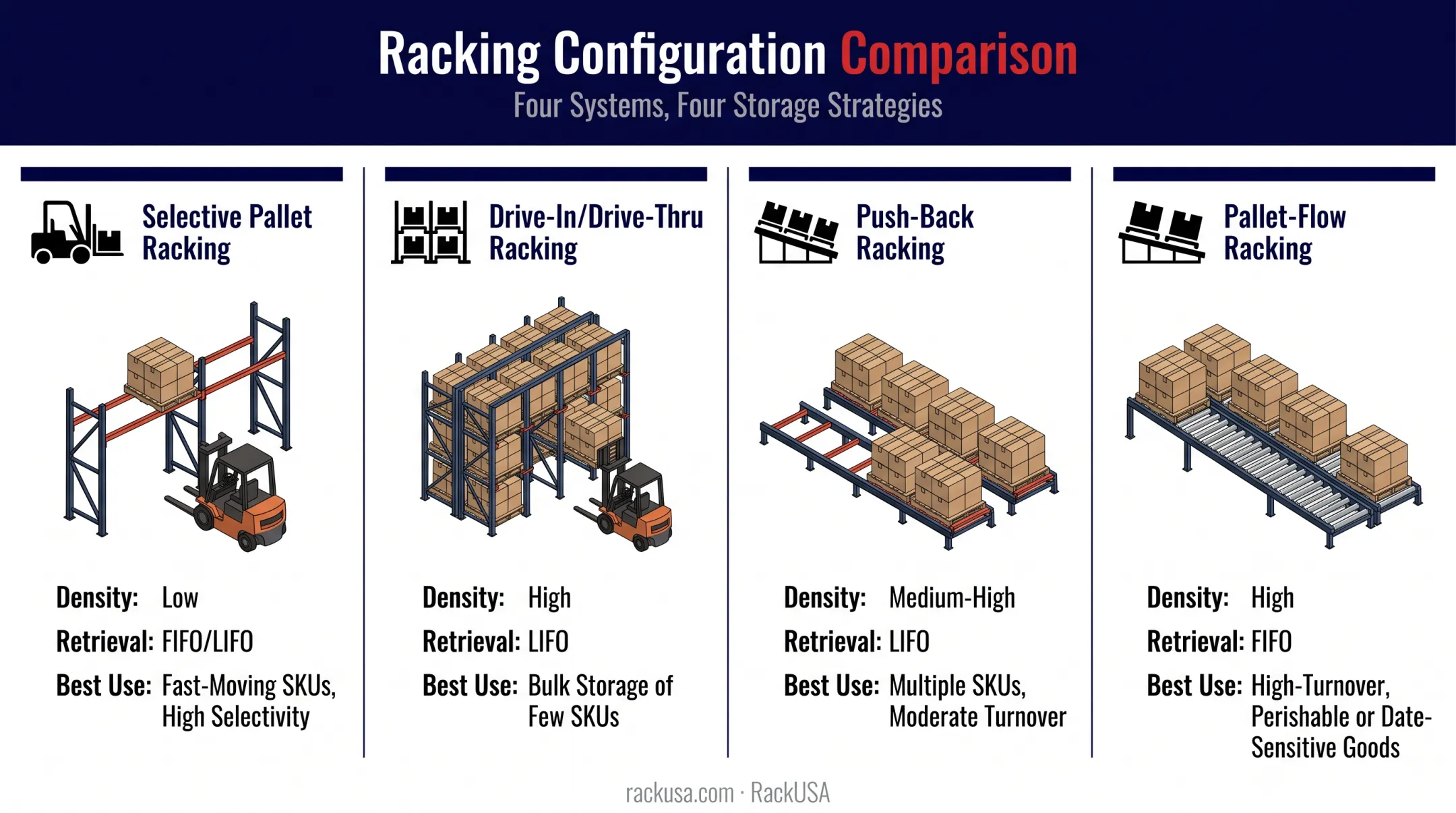 Four pallet racking configurations comparison for warehouse storage density