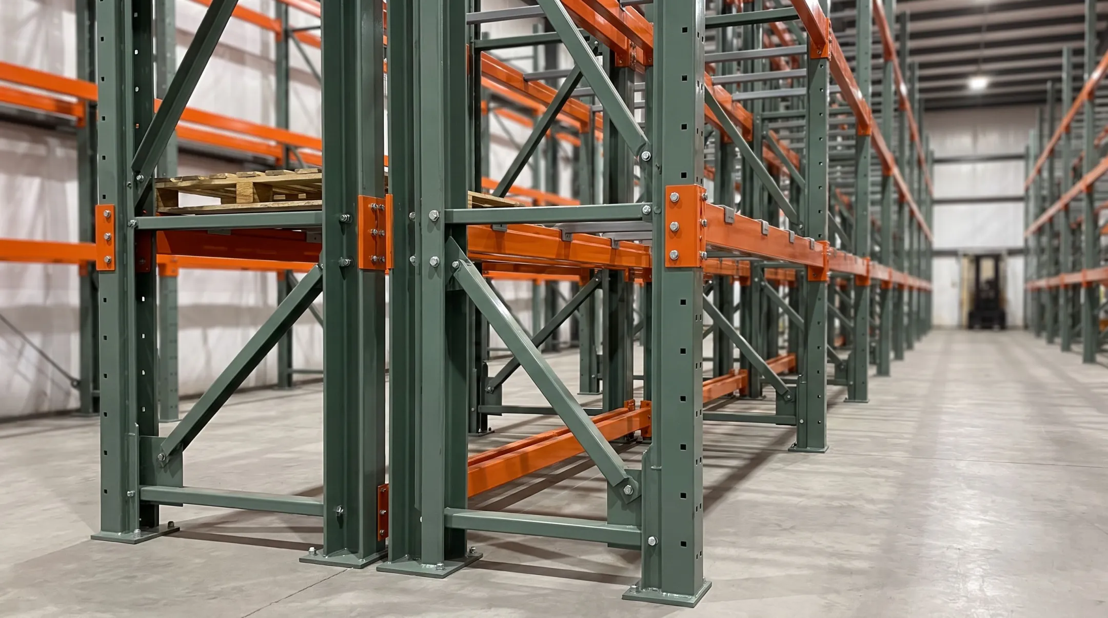 Structural pallet racking system in industrial warehouse setting