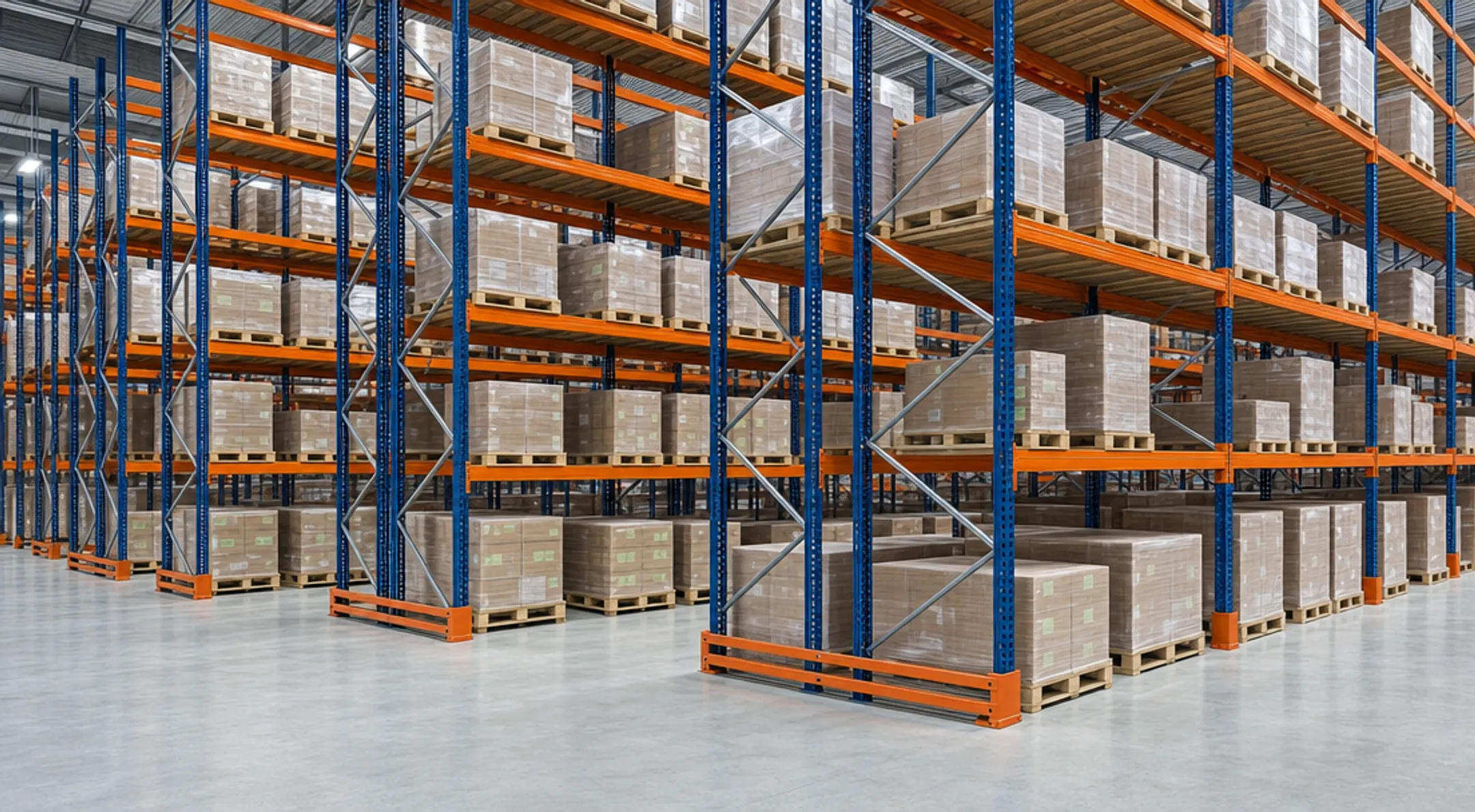 Selective pallet racking system with open bays in warehouse