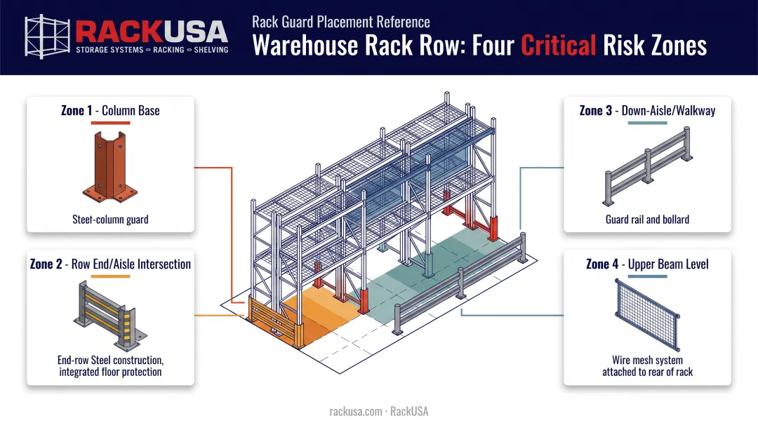 Pallet rack protection zones diagram showing column base row end and cross-aisle guarding