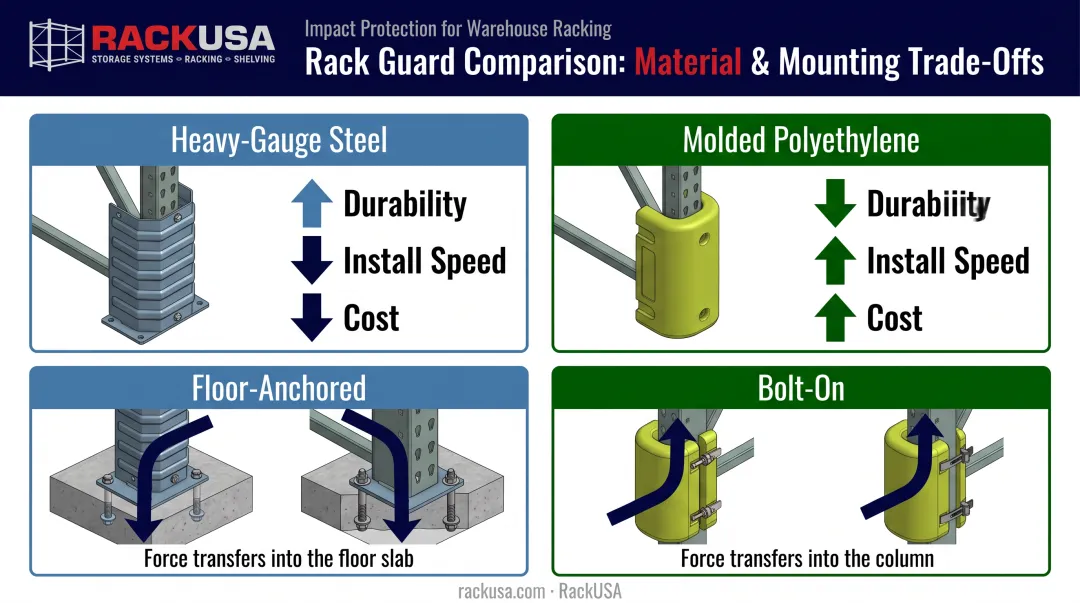 Steel versus polymer and floor-anchored versus bolt-on rack guard comparison chart