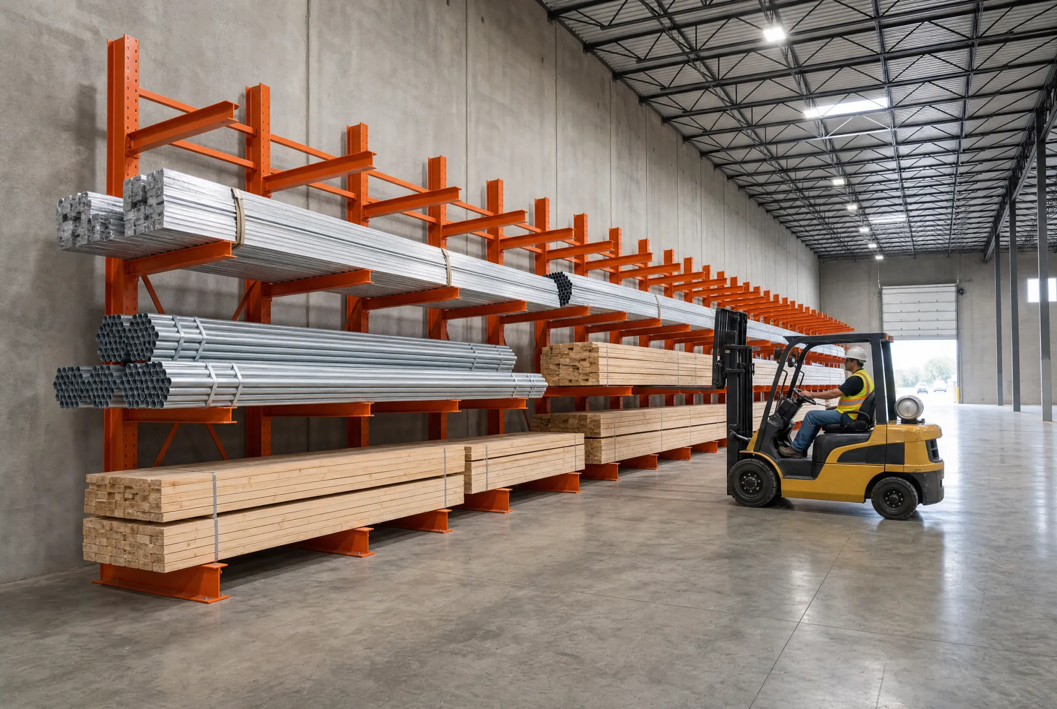 Forklift loading long lumber onto open-front cantilever storage racks