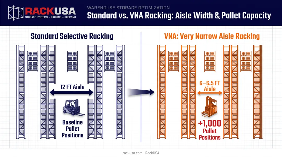 VNA versus standard aisle width pallet position capacity comparison