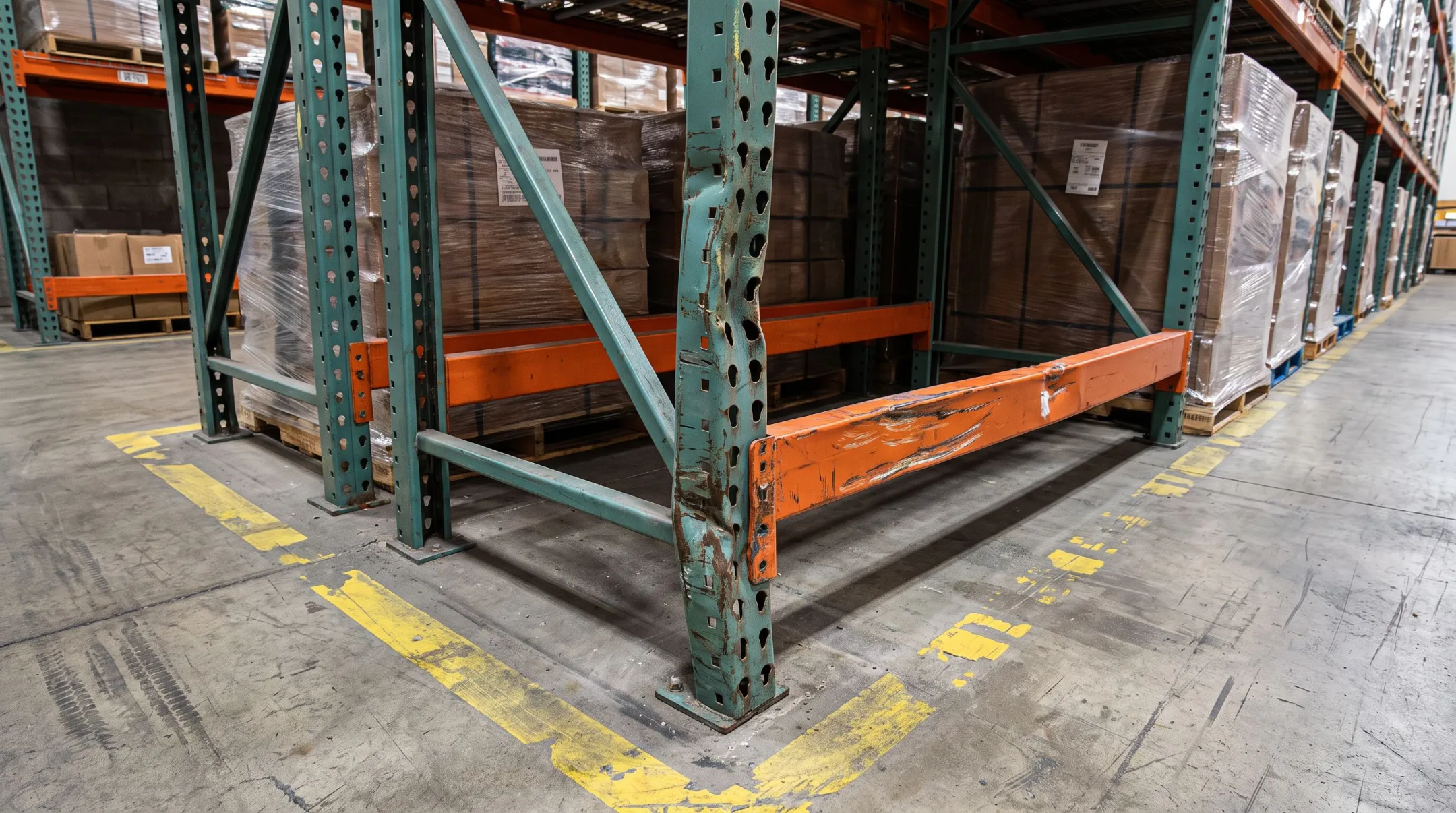 Damaged warehouse pallet racking with bent uprights from forklift impact