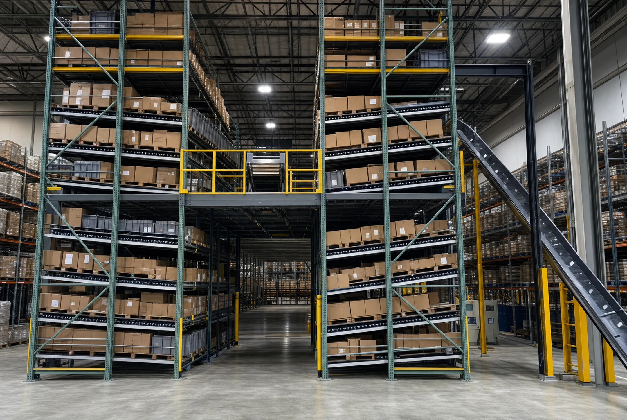 Warehouse mezzanine pick module with multiple elevated storage levels