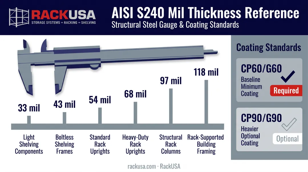 AISI S240 steel mil thickness scale versus gauge measurement comparison