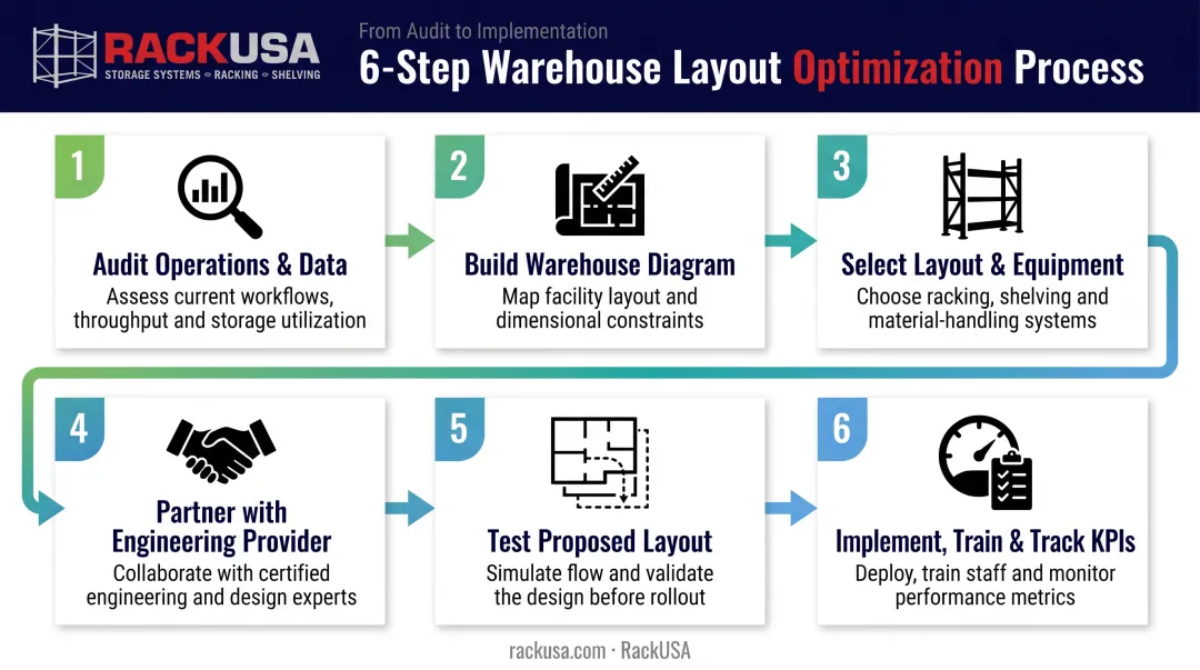 Six-step warehouse layout optimization process from audit to implementation