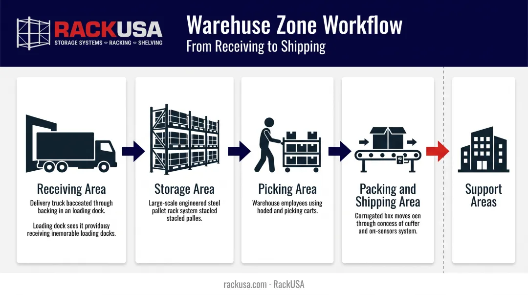 Five functional zones of an efficient warehouse layout diagram