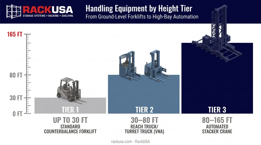 Material handling equipment progression by warehouse height range