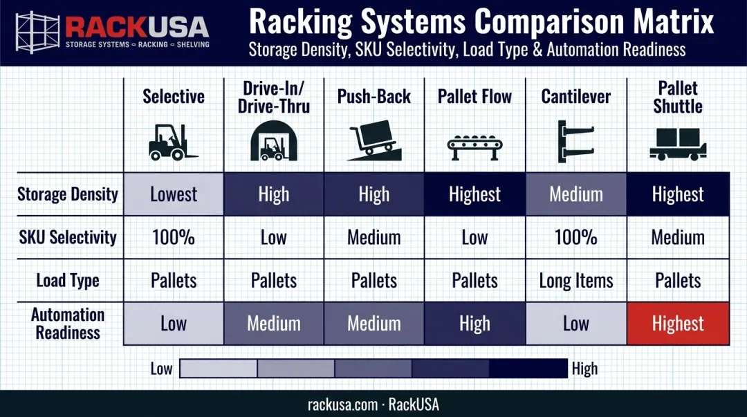 Comparison infographic of six warehouse racking systems by density and selectivity