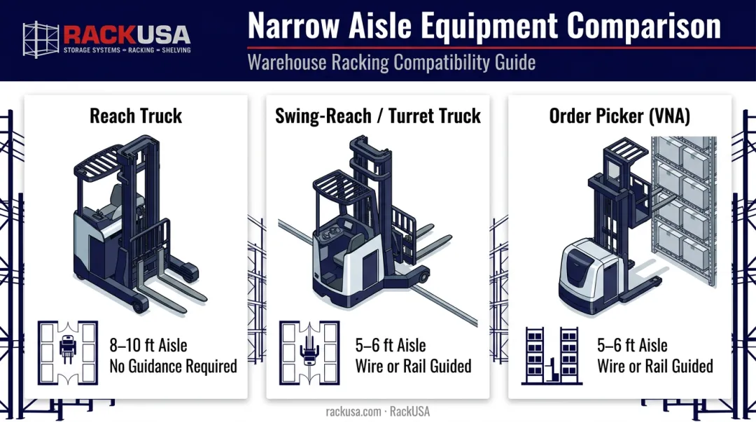 Narrow aisle equipment comparison chart showing reach trucks turret trucks and order pickers