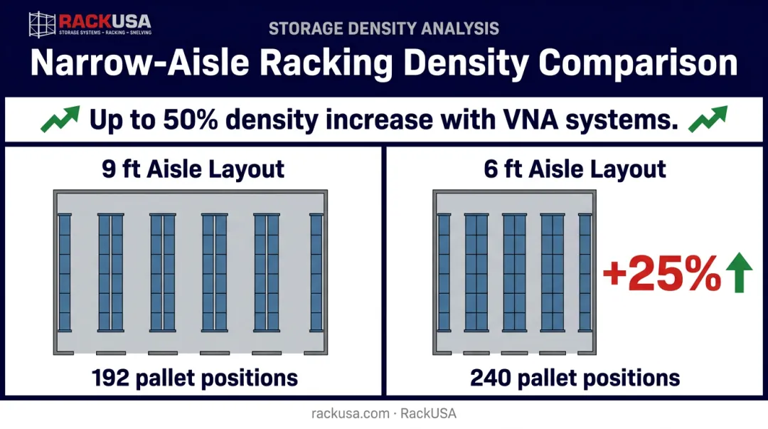 Storage density increase comparison showing pallet position gains from narrower aisle widths