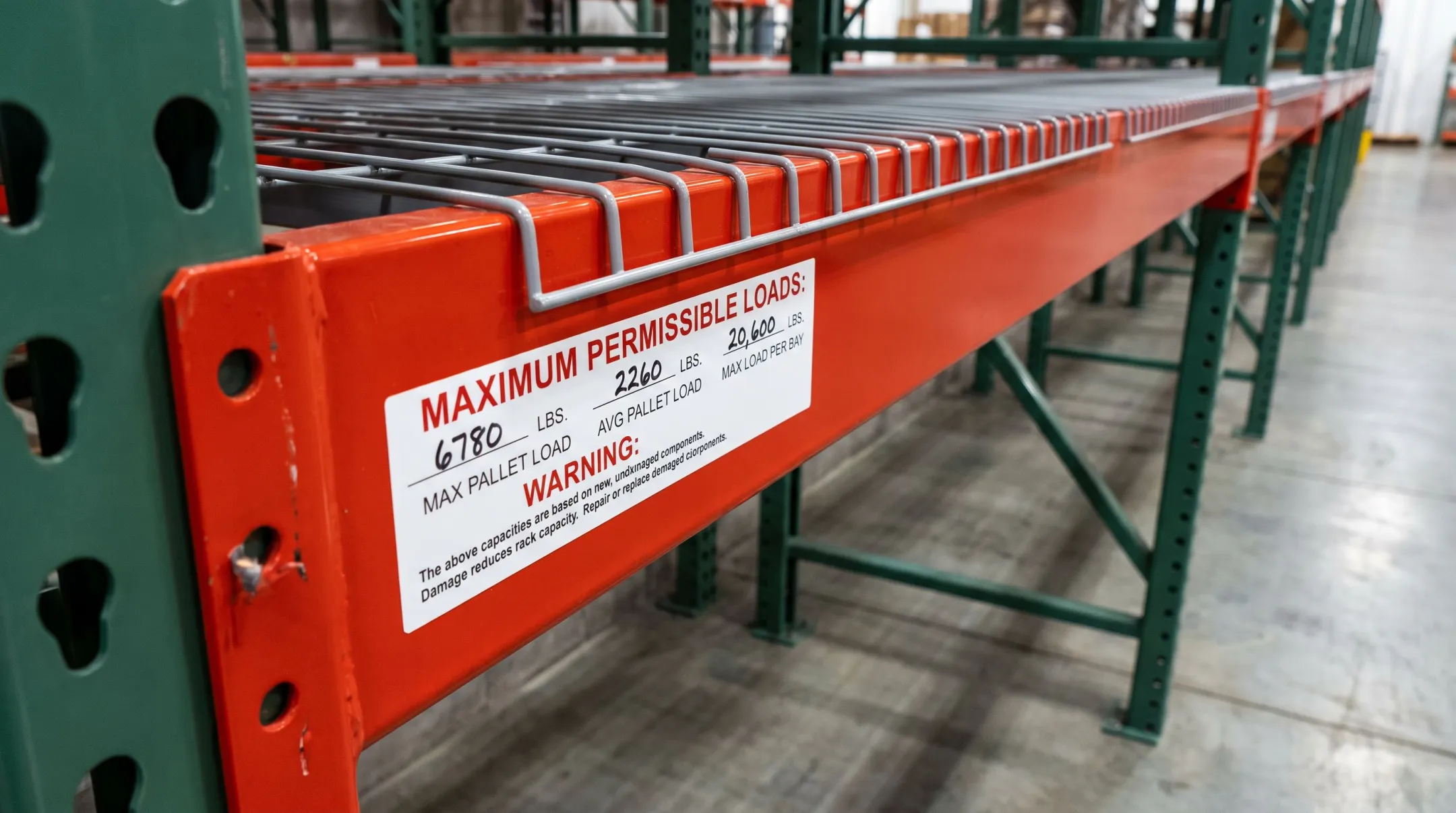 Warehouse pallet rack load capacity plaque displaying weight ratings