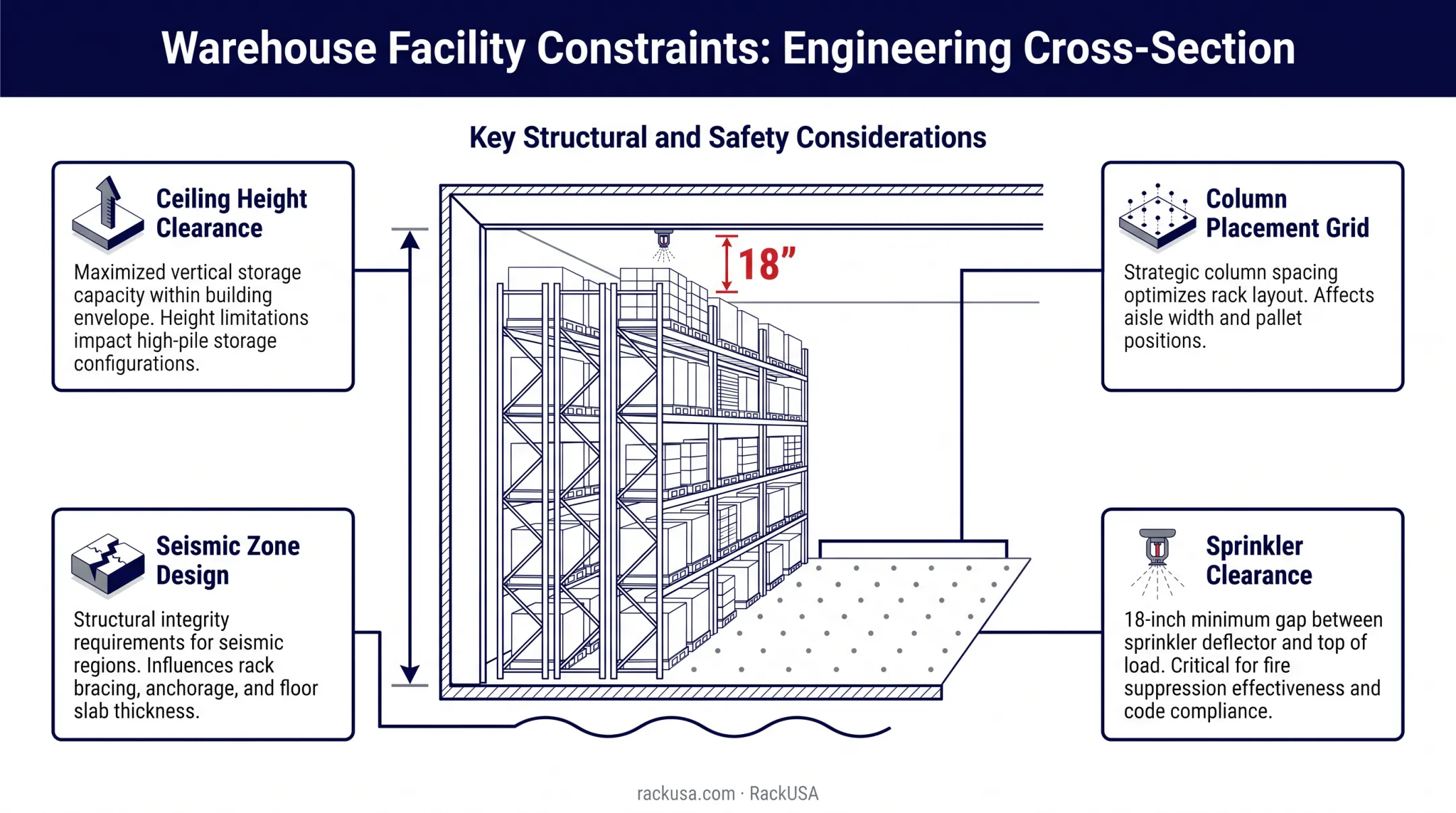 Warehouse facility constraints affecting pallet rack layout design