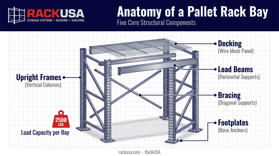 Pallet rack anatomy diagram showing five core structural components