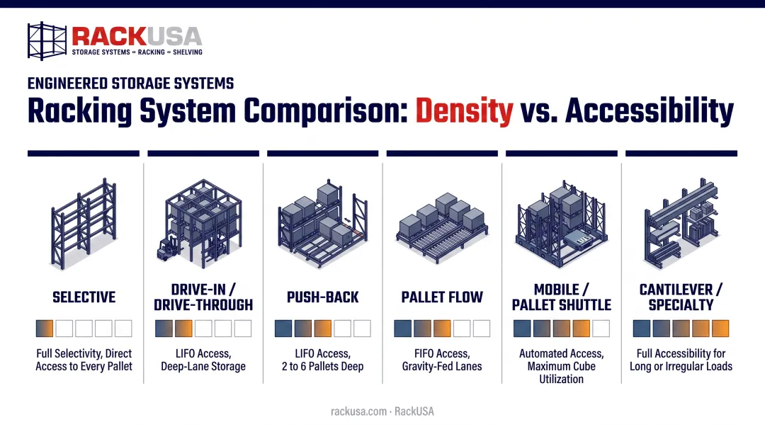 Comparison chart of six warehouse racking system types by density
