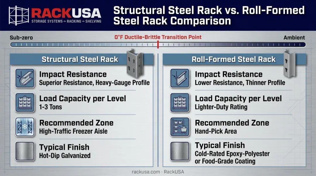 Structural versus roll-formed steel rack comparison for freezer and cooler applications