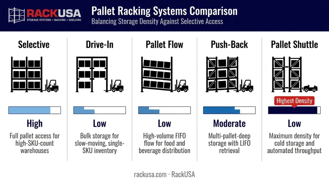 Comparison of five cold storage pallet rack systems by density and selectivity
