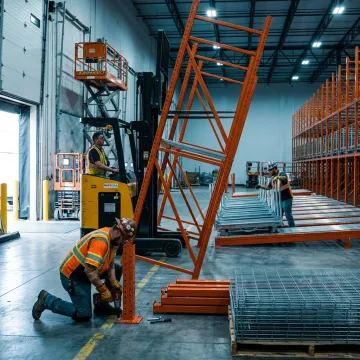 Technicians installing push-back pallet racking
