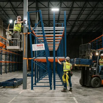 Technicians installing drive-in pallet racking