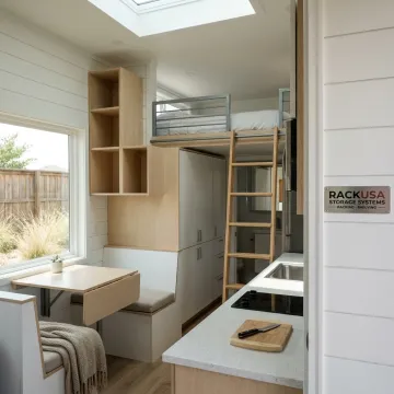 Tiny home interior with built-in storage