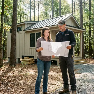 Tiny home builder reviewing plans with client