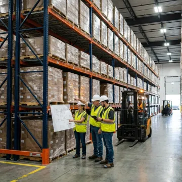 Warehouse team reviewing pallet racking layout plans