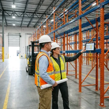 Engineers planning a warehouse racking layout