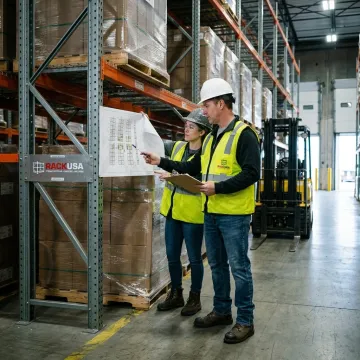 Warehouse team reviewing pallet racking layout plans