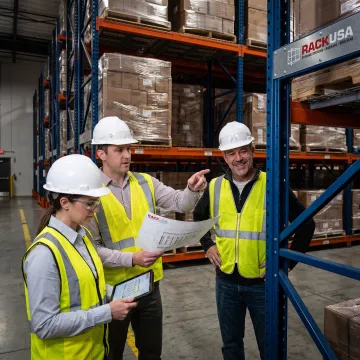 Warehouse team reviewing a high-density racking layout