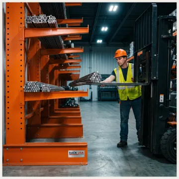 Forklift loading materials onto cantilever racking