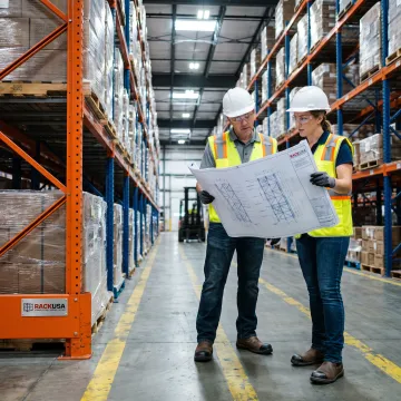 Warehouse team reviewing steel racking layout