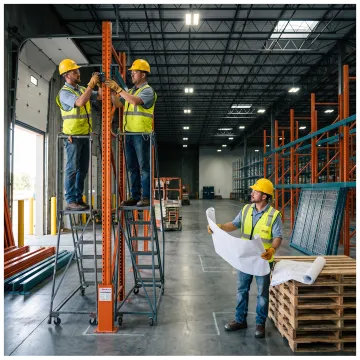 Technicians installing industrial pallet racking