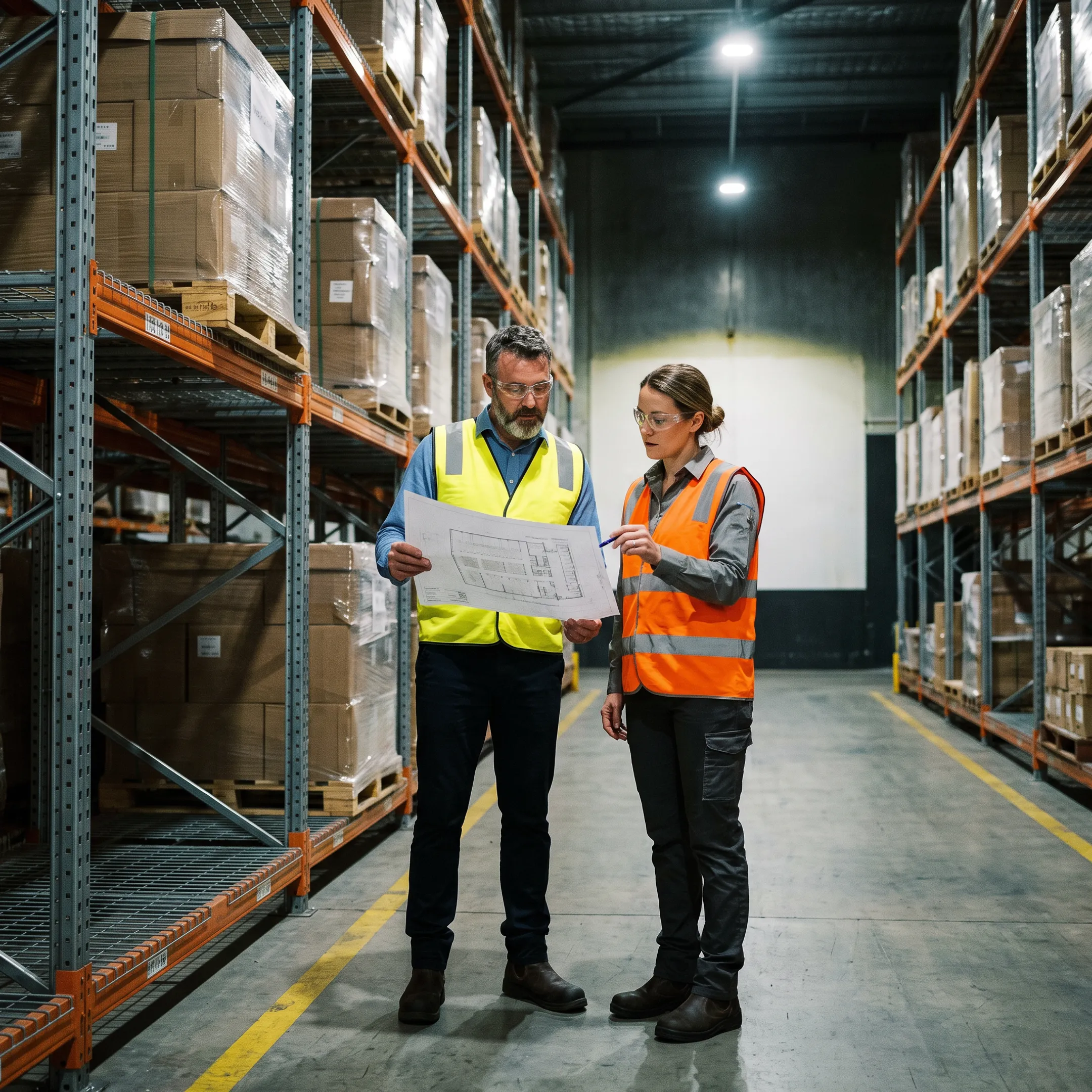 Warehouse manager reviewing pallet rack layout