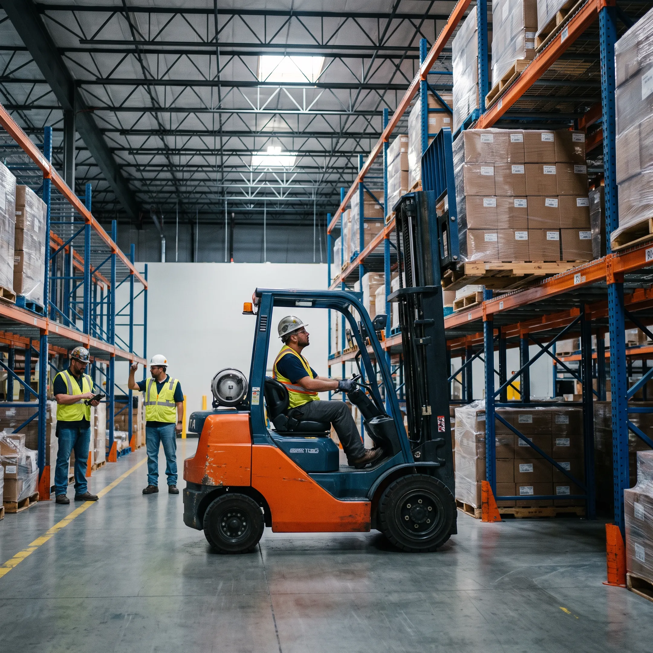 Forklift loading pallets into warehouse racking